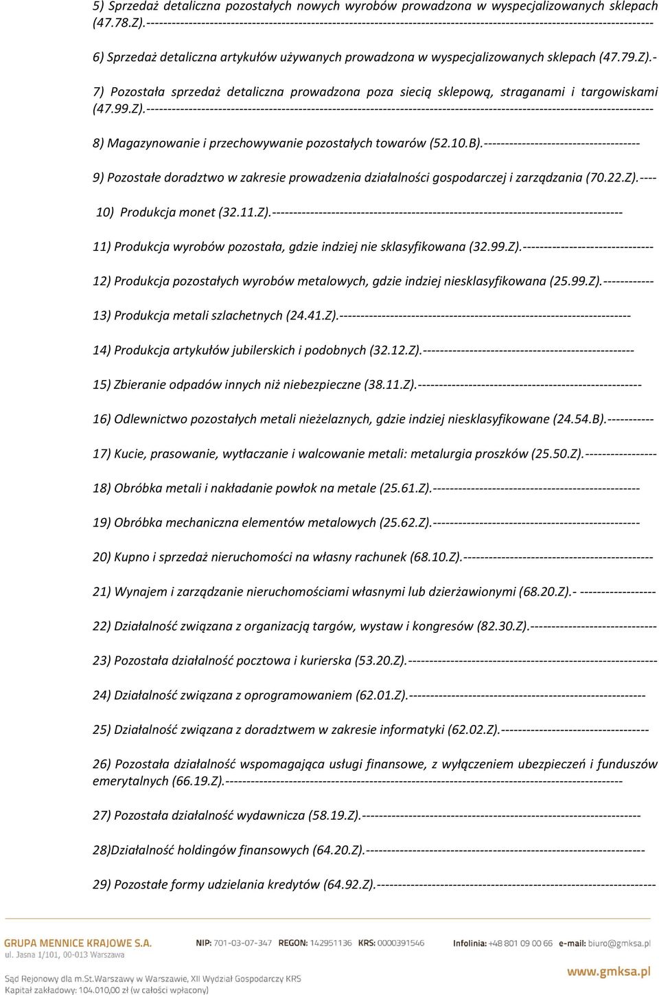 sklepach (47.79.Z).- 7) Pozostała sprzedaż detaliczna prowadzona poza siecią sklepową, straganami i targowiskami (47.99.Z).------------------------------------------------------------------------------------------------------------------------ 8) Magazynowanie i przechowywanie pozostałych towarów (52.