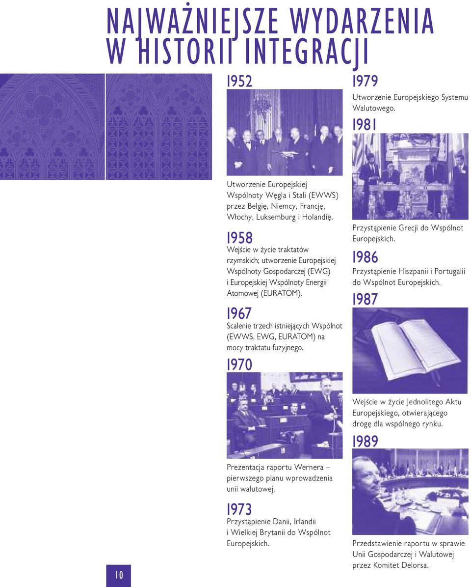 I958 Wejście w życie traktatów rzymskich; utworzenie Europejskiej Wspólnoty Gospodarczej (EWG) i Europejskiej Wspólnoty Energii Atomowej (EURATOM).