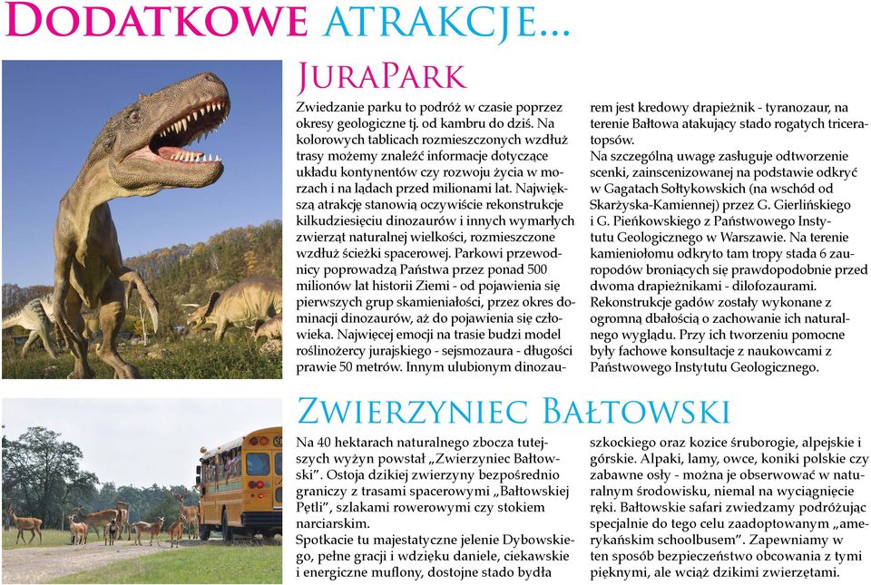 Największą atrakcję stanowią oczywiście rekonstrukcje kilkudziesięciu dinozaurów i innych wymarłych zwierząt naturalnej wielkości, rozmieszczone wzdłuż ścieżki spacerowej.