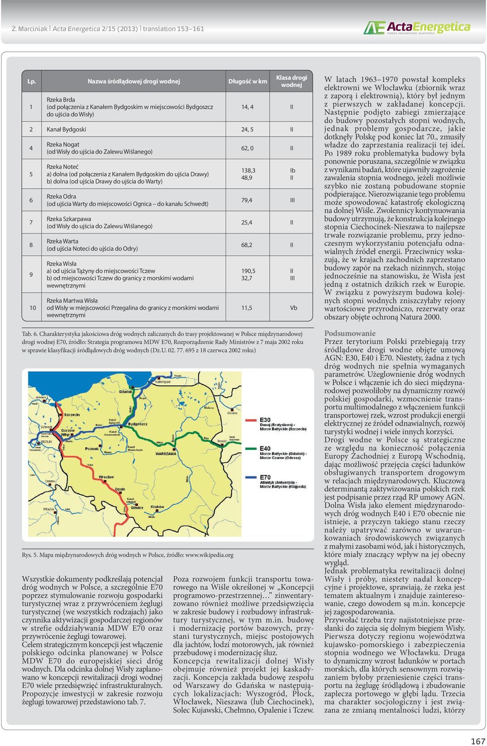 Charakterystyka jakościowa dróg wodnych zaliczanych do trasy projektowanej w Polsce międzynarodowej drogi wodnej E70, źródło: Strategia programowa MDW E70, Rozporządzenie Rady Ministrów z 7 maja 2002
