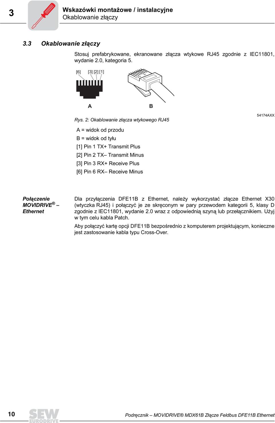 2: Okablowanie złącza wtykowego RJ45 54174AXX A = widok od przodu B = widok od tyłu [1] Pin 1 TX+ Transmit Plus [2] Pin 2 TX Transmit Minus [3] Pin 3 RX+ Receive Plus [6] Pin 6 RX Receive Minus