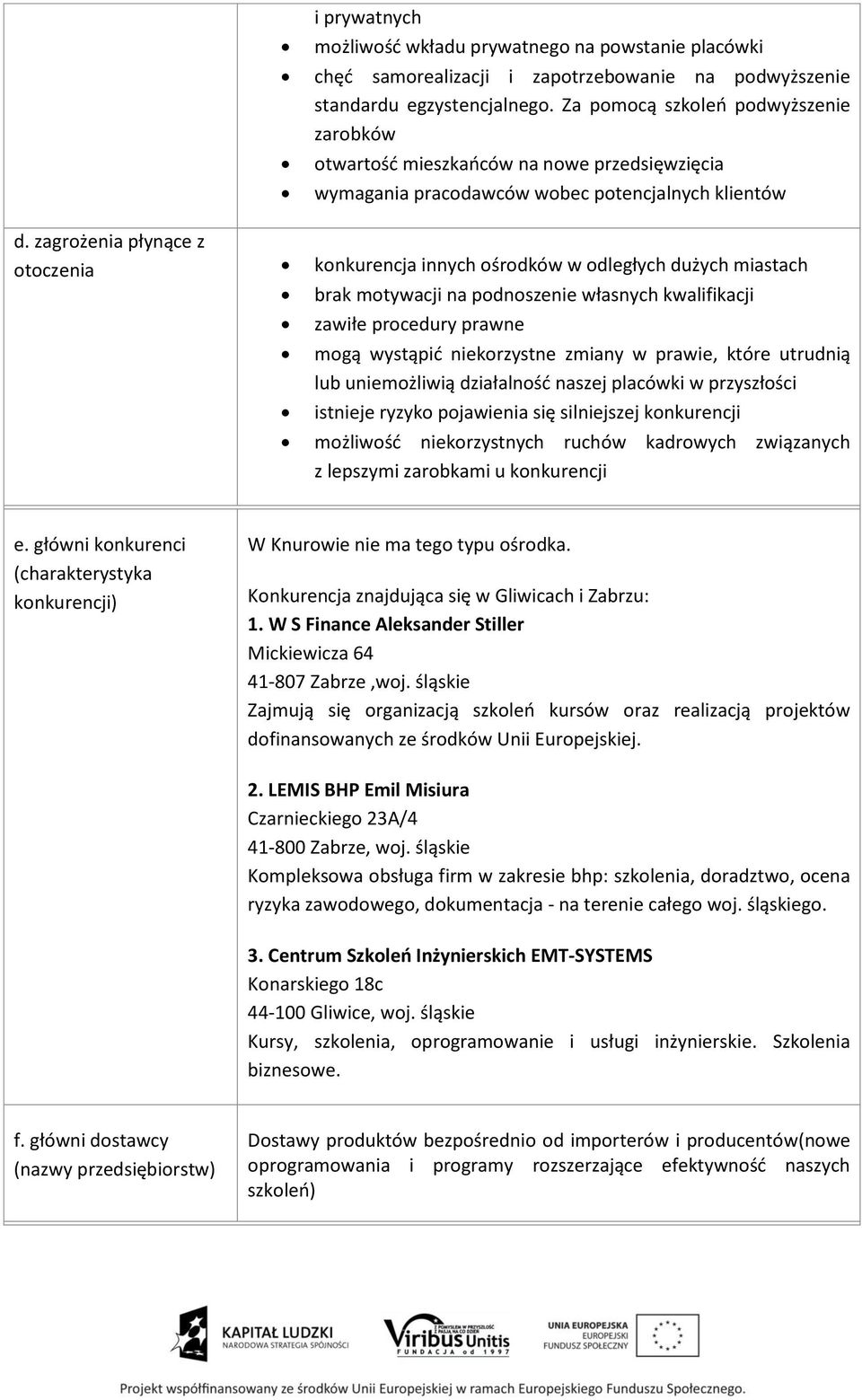 zagrożenia płynące z otoczenia konkurencja innych ośrodków w odległych dużych miastach brak motywacji na podnoszenie własnych kwalifikacji zawiłe procedury prawne mogą wystąpić niekorzystne zmiany w