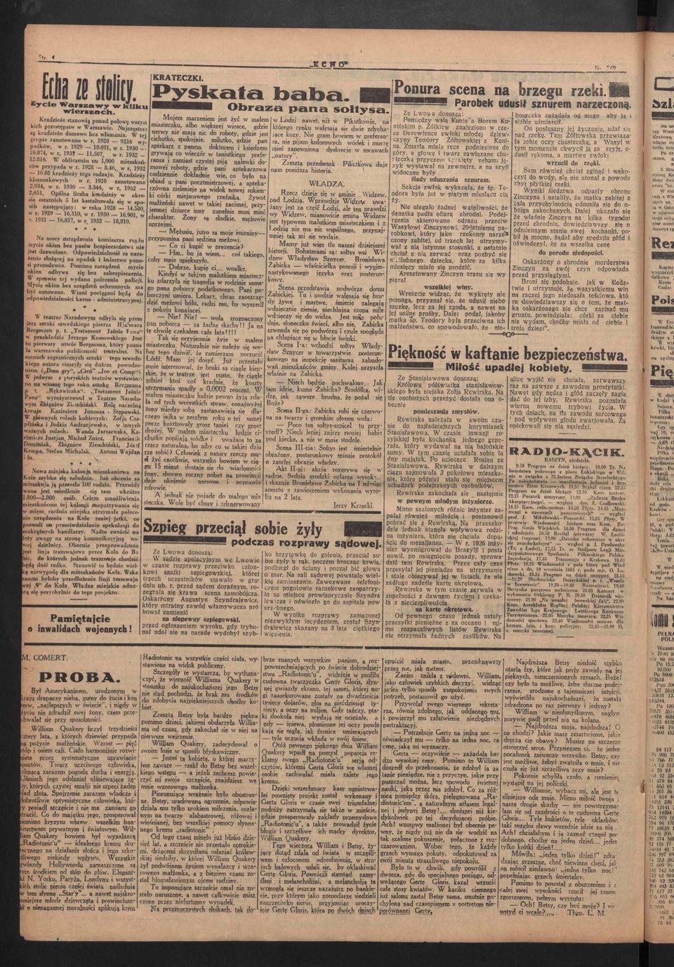 Kradzieży kieszonkowych w r, 1928 zanotowano 2.934, w r. 1930 3.344, w r, 1932 2,651, Ogólna liczba kradzieży w okresie ostatnich 5 lat kształtowała się w sposób następujący: w roku 1928 \4.580, w r.