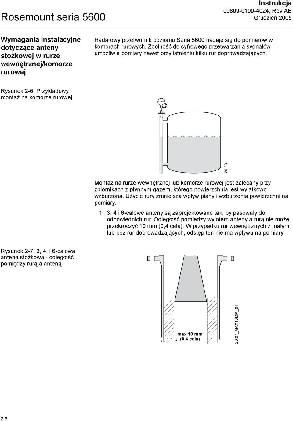 Przykładowy montaż na komorze rurowej 20,03 Montaż na rurze wewnętrznej lub komorze rurowej jest zalecany przy zbiornikach z płynnym gazem, którego powierzchnia jest wyjątkowo wzburzona.