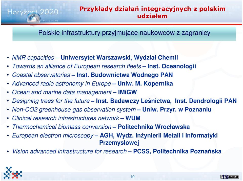 Kopernika Ocean and marine data management IMiGW Designing trees for the future Inst. Badawczy Leśnictwa, Inst. Dendrologii PAN Non-CO2 greenhouse gas observation system Uniw. Przyr.