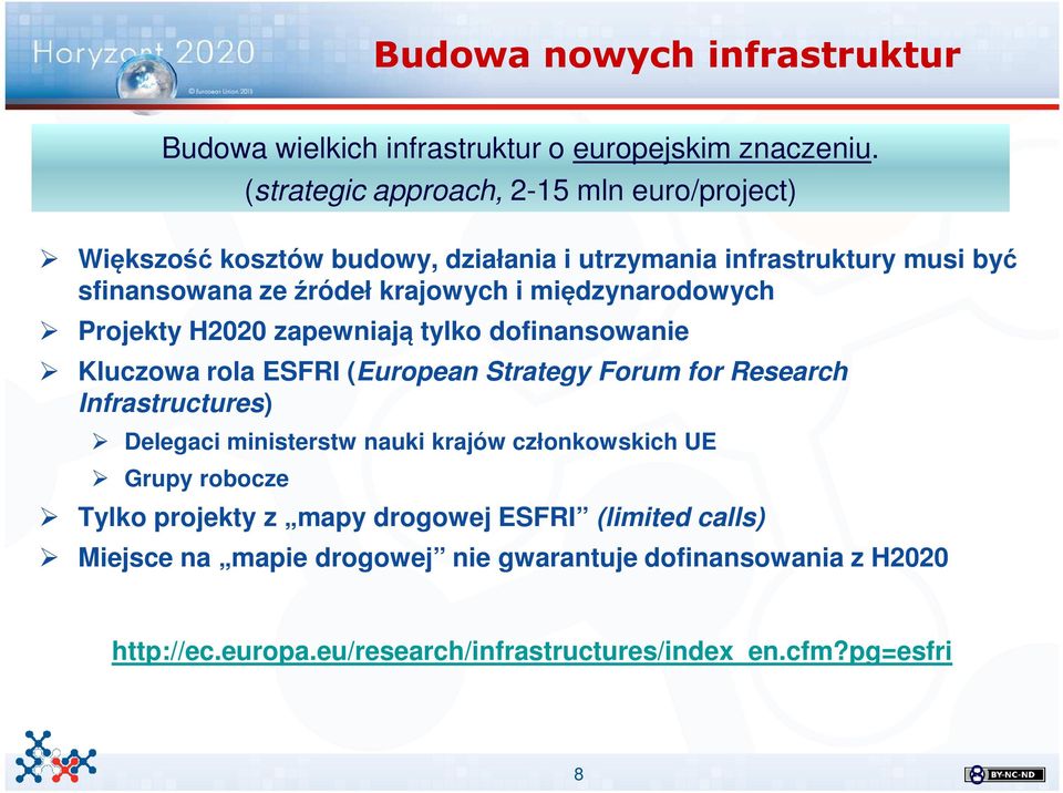 międzynarodowych Projekty H2020 zapewniają tylko dofinansowanie Kluczowa rola ESFRI (European Strategy Forum for Research Infrastructures) Delegaci