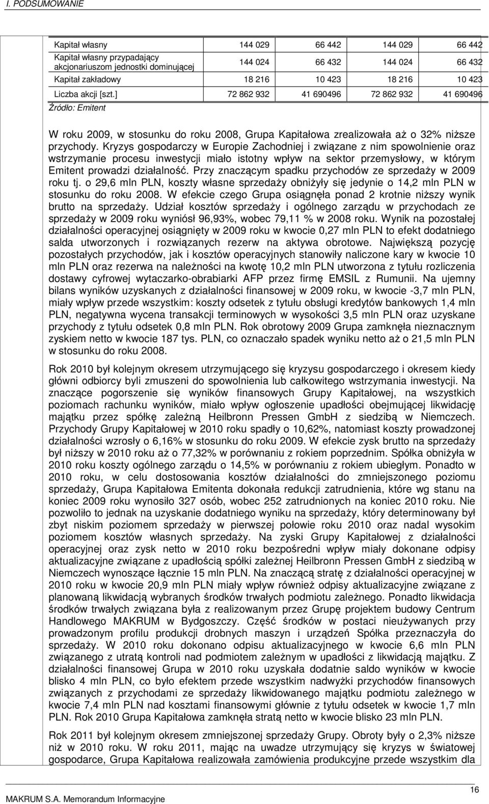 Kryzys gospodarczy w Europie Zachodniej i związane z nim spowolnienie oraz wstrzymanie procesu inwestycji miało istotny wpływ na sektor przemysłowy, w którym Emitent prowadzi działalność.