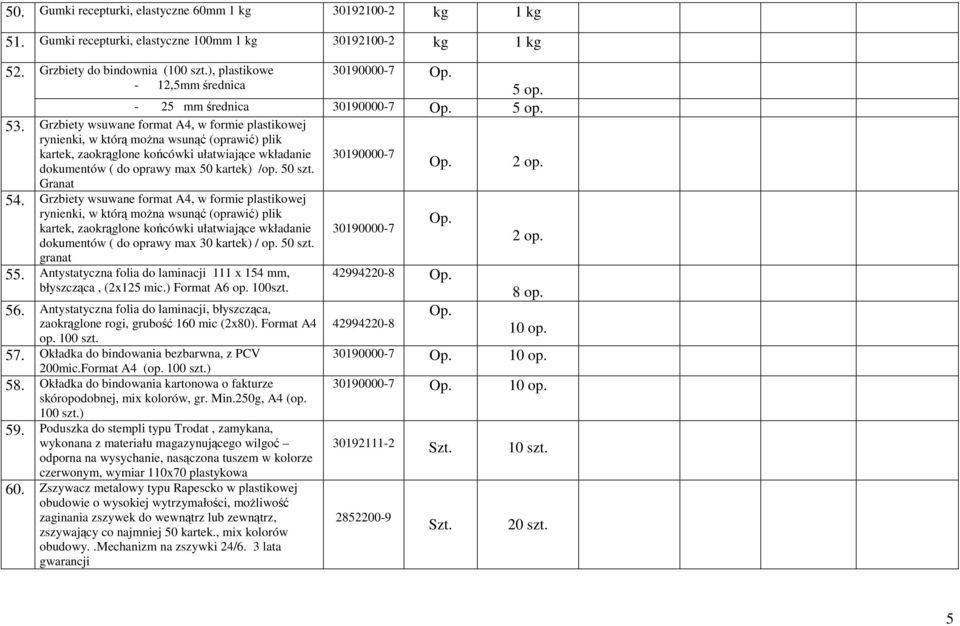 Grzbiety wsuwane format A4, w formie plastikowej rynienki, w którą moŝna wsunąć (oprawić) plik kartek, zaokrąglone końcówki ułatwiające wkładanie dokumentów ( do oprawy max 50 kartek) /op. 50 szt.