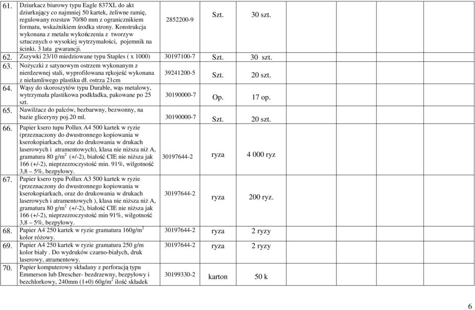 Zszywki 23/10 miedziowane typu Staples ( x 1000) 30197100-7 30 szt. 63. NoŜyczki z satynowym ostrzem wykonanym z nierdzewnej stali, wyprofilowana rękojeść wykonana z niełamliwego plastiku dł.