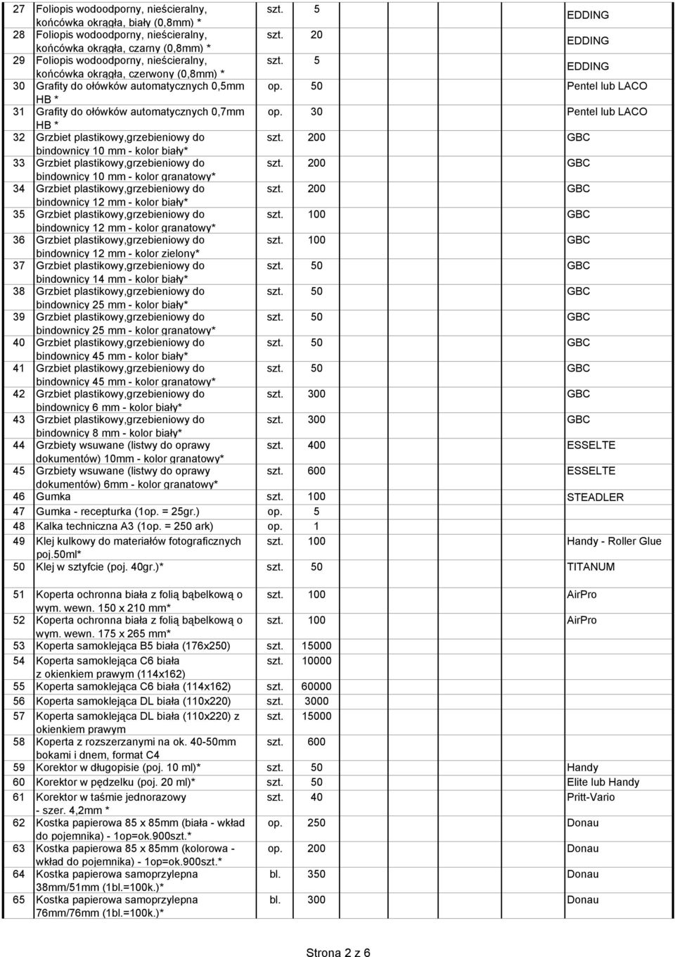 50 Pentel lub LACO HB 31 Grafity do ołówków automatycznych 0,7mm op. 30 Pentel lub LACO HB 32 Grzbiet plastikowy,grzebieniowy do szt.