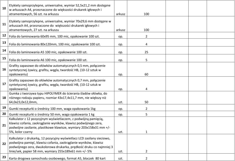 100 op. 2 13 14 15 16 17 18 Folia do laminowania 80x120mm, 100 mic, opakowanie 100 op. 4 Folia do laminowania A5 100 mic, opakowanie 100 op. 25 Folia do laminowania A6 100 mic, opakowanie 100 op.
