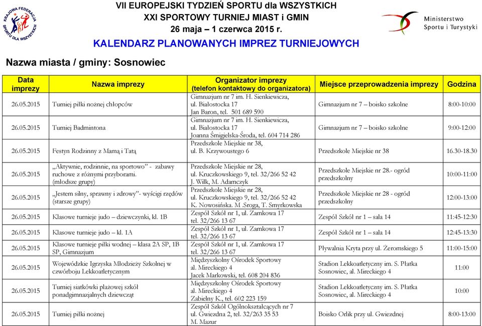 organizatora) Miejsce przeprowadzenia imprezy Godzina Gimnazjum nr 7 boisko szkolne 8:00- Jan Baron, tel. 501 689 590 Gimnazjum nr 7 boisko szkolne 9:00-12:00 Joanna Śmigielska-Środa, tel.