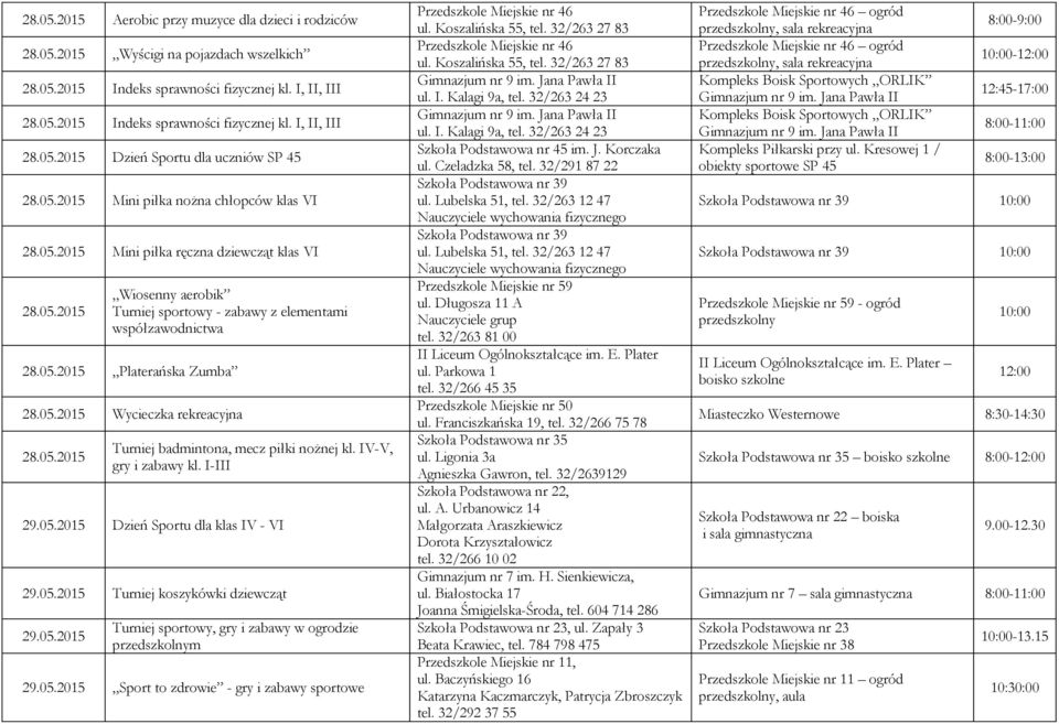 05.2015 Wycieczka rekreacyjna 28.05.2015 Turniej badmintona, mecz piłki nożnej kl. IV-V, gry i zabawy kl. I-III 29.05.2015 Dzień Sportu dla klas IV - VI 29.05.2015 Turniej koszykówki dziewcząt 29.05.2015 Turniej sportowy, gry i zabawy w ogrodzie m 29.