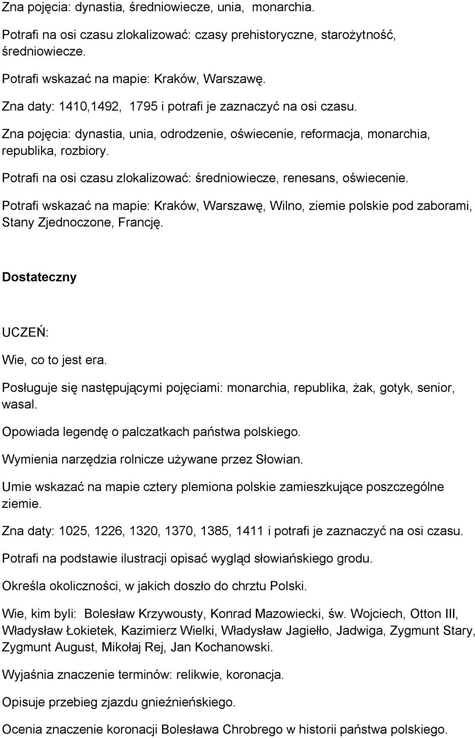 Potrafi na osi czasu zlokalizować: średniowiecze, renesans, oświecenie. Potrafi wskazać na mapie: Kraków, Warszawę, Wilno, ziemie polskie pod zaborami, Stany Zjednoczone, Francję.