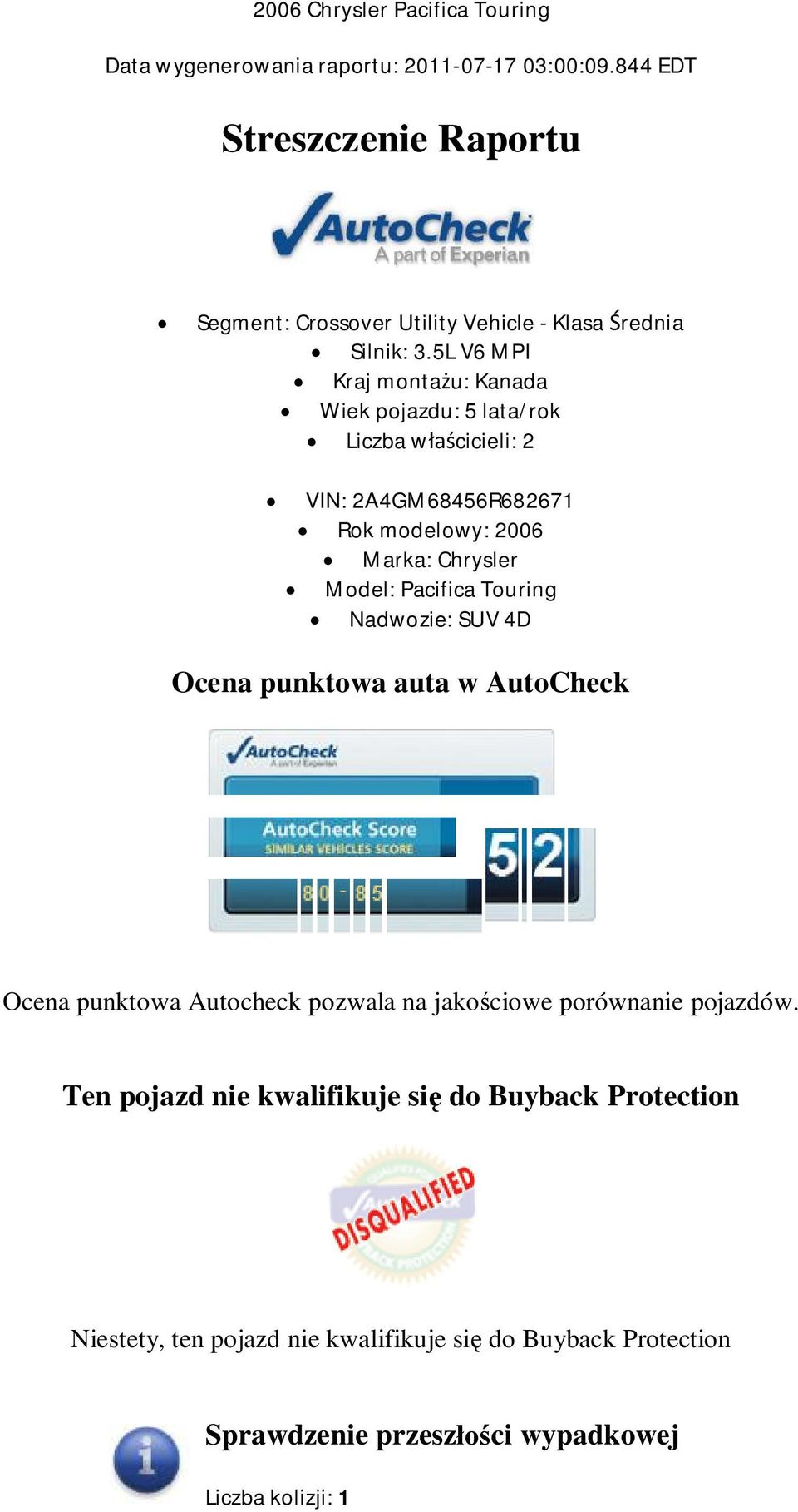 5L V6 MPI Kraj monta u: Kanada Wiek pojazdu: 5 lata/rok Liczba w cicieli: 2 VIN: 2A4GM68456R682671 Rok modelowy: 2006 Marka: Chrysler Model: Pacifica