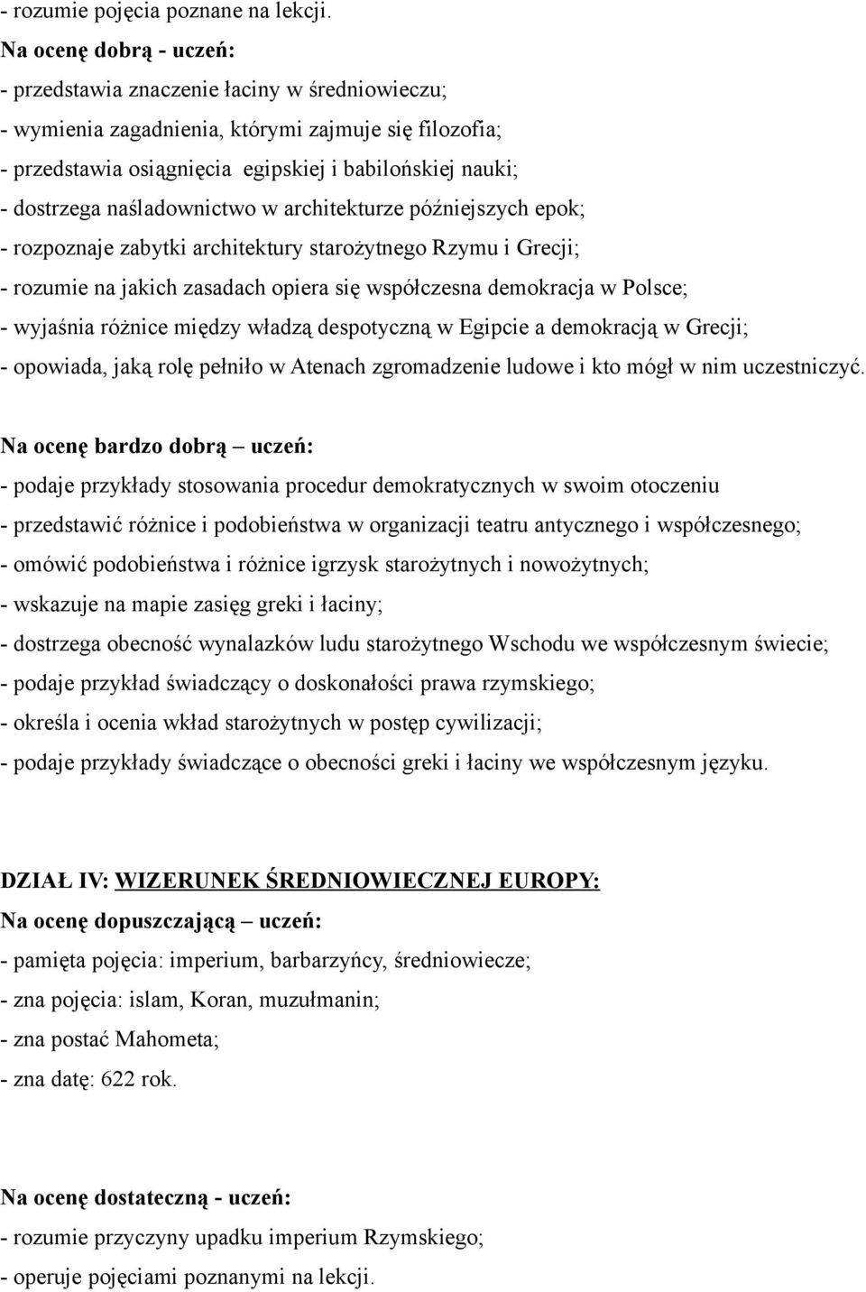 naśladownictwo w architekturze późniejszych epok; - rozpoznaje zabytki architektury starożytnego Rzymu i Grecji; - rozumie na jakich zasadach opiera się współczesna demokracja w Polsce; - wyjaśnia