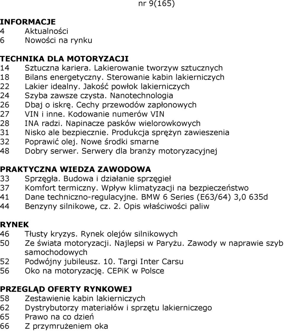 Produkcja spręŝyn zawieszenia 32 Poprawić olej. Nowe środki smarne 48 Dobry serwer. Serwery dla branŝy motoryzacyjnej 33 Sprzęgła. Budowa i działanie sprzęgieł 37 Komfort termiczny.