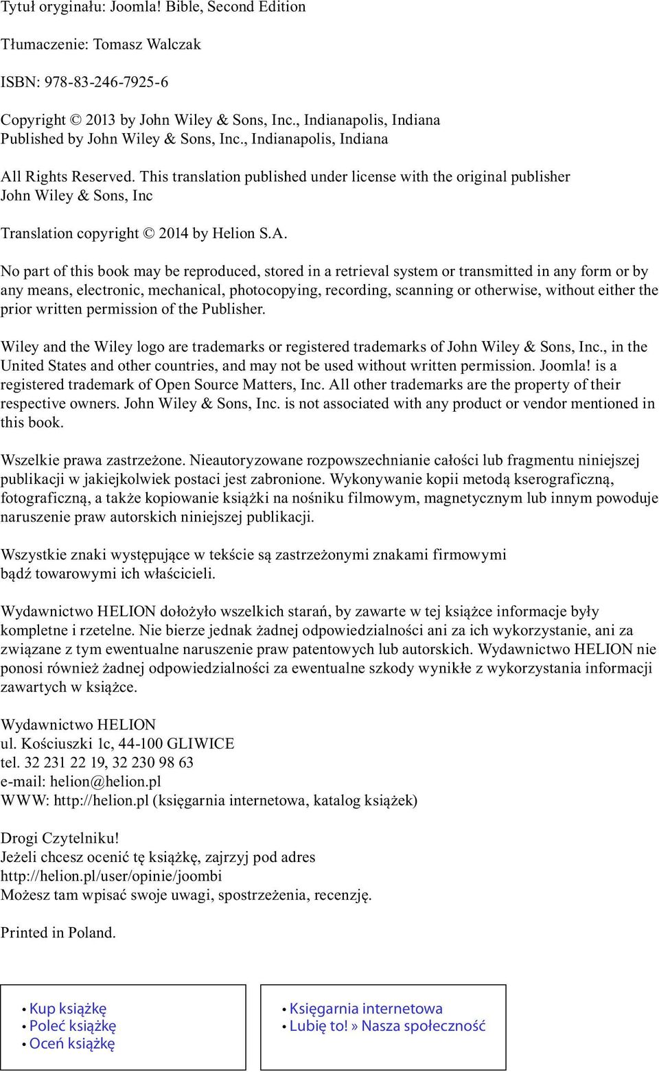 l Rights Reserved. This translation published under license with the original publisher John Wiley & Sons, Inc Translation copyright 2014 by Helion S.A.