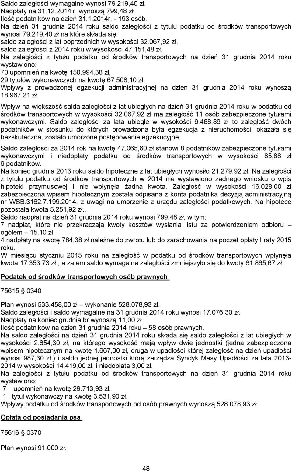 067,92 zł, saldo zaległości z 2014 roku w wysokości 47.151,48 zł. Na zaległości z tytułu podatku od środków transportowych na dzień 31 grudnia 2014 roku wystawiono: 70 upomnień na kwotę 150.