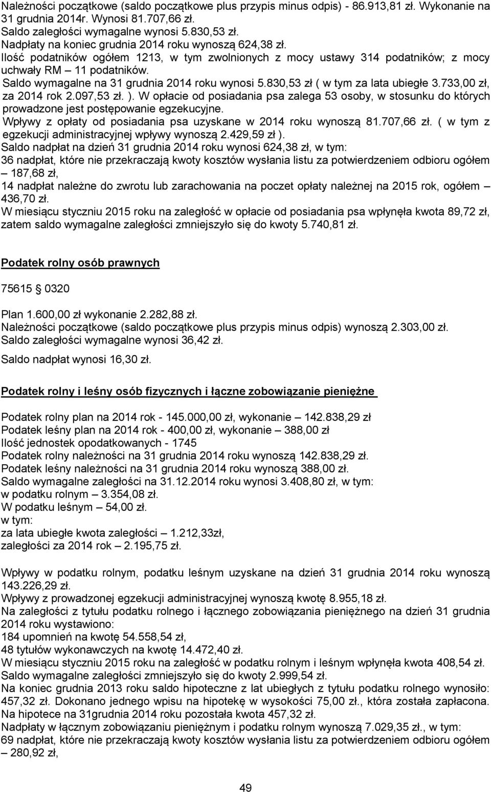 Saldo wymagalne na 31 grudnia 2014 roku wynosi 5.830,53 zł ( w tym za lata ubiegłe 3.733,00 zł, za 2014 rok 2.097,53 zł. ).