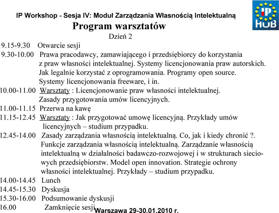 Zasady przygotowania umów licencyjnych. 11.00-11.15 Przerwa na kawę 11.15-12.45 Warsztaty : Jak przygotować umowę licencyjną. Przykłady umów licencyjnych studium przypadku. 12.45-14.