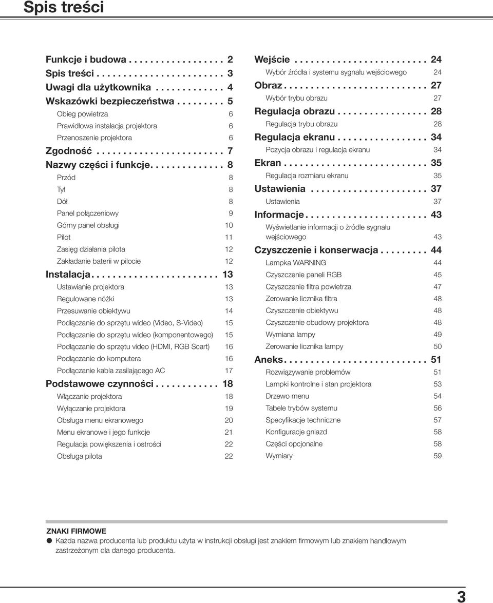 ............. 8 Przód 8 Tył 8 Dół 8 Panel połączeniowy 9 Górny panel obsługi 10 Pilot 11 Zasięg działania pilota 12 Zakładanie baterii w pilocie 12 Instalacja.