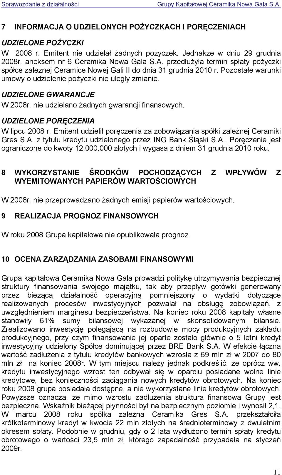 Emitent udzielił poręczenia za zobowiązania spółki zależnej Ceramiki Gres S.A. z tytułu kredytu udzielonego przez ING Bank Śląski S.A.. Poręczenie jest ograniczone do kwoty 12.000.