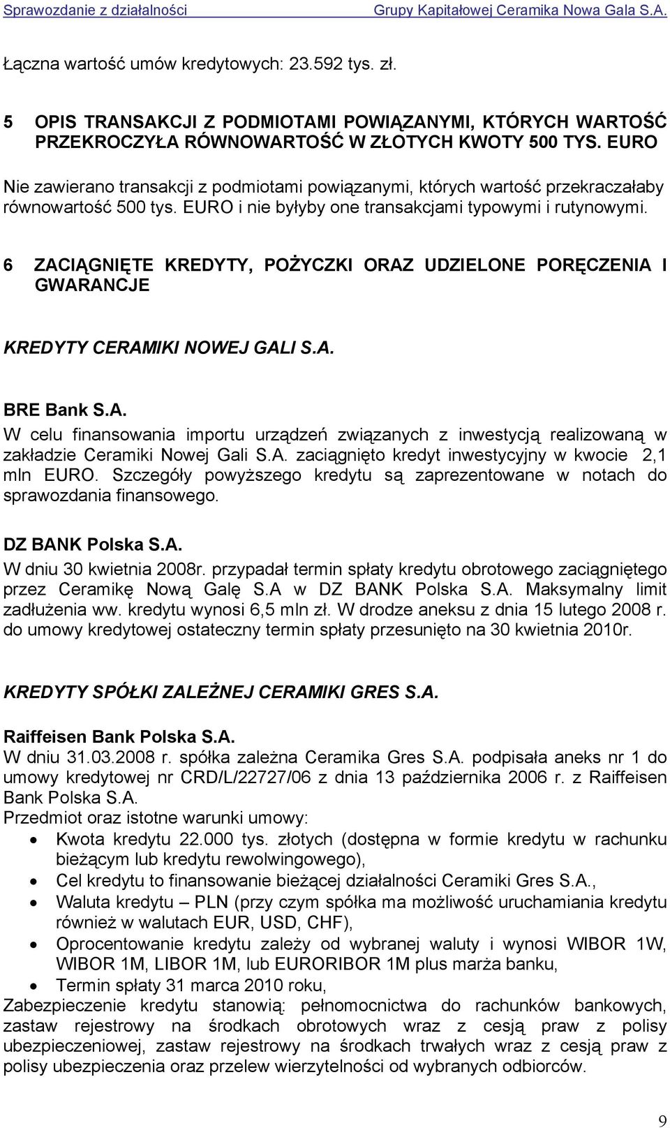 6 ZACIĄGNIĘTE KREDYTY, POŻYCZKI ORAZ UDZIELONE PORĘCZENIA I GWARANCJE KREDYTY CERAMIKI NOWEJ GALI S.A. BRE Bank S.A. W celu finansowania importu urządzeń związanych z inwestycją realizowaną w zakładzie Ceramiki Nowej Gali S.