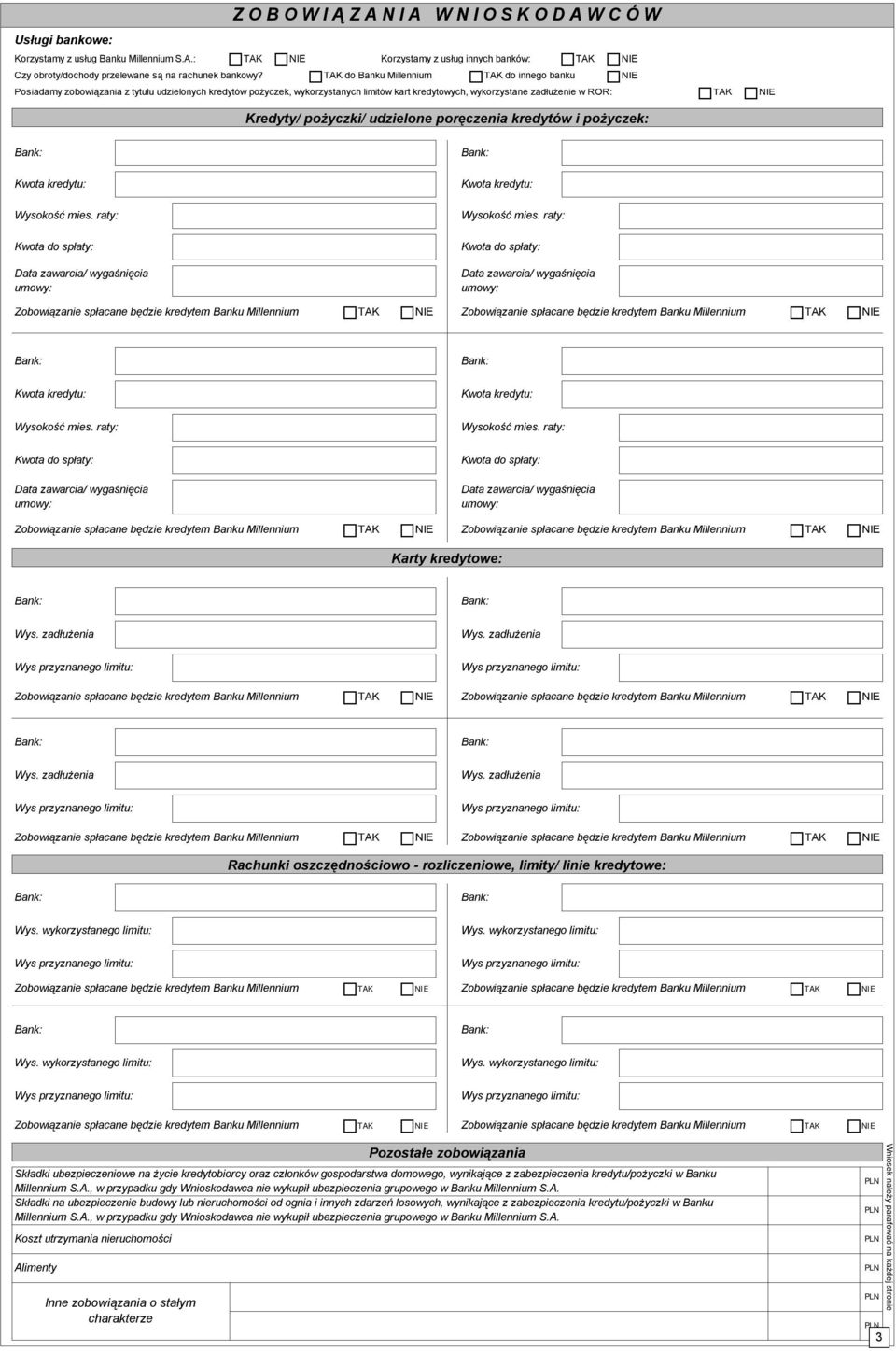 pożyczki/ udzielone poręczenia kredytów i pożyczek: Karty kredytowe: Rachunki oszczędnościowo - rozliczeniowe, limity/ linie kredytowe: Pozostałe zobowiązania Składki ubezpieczeniowe na życie