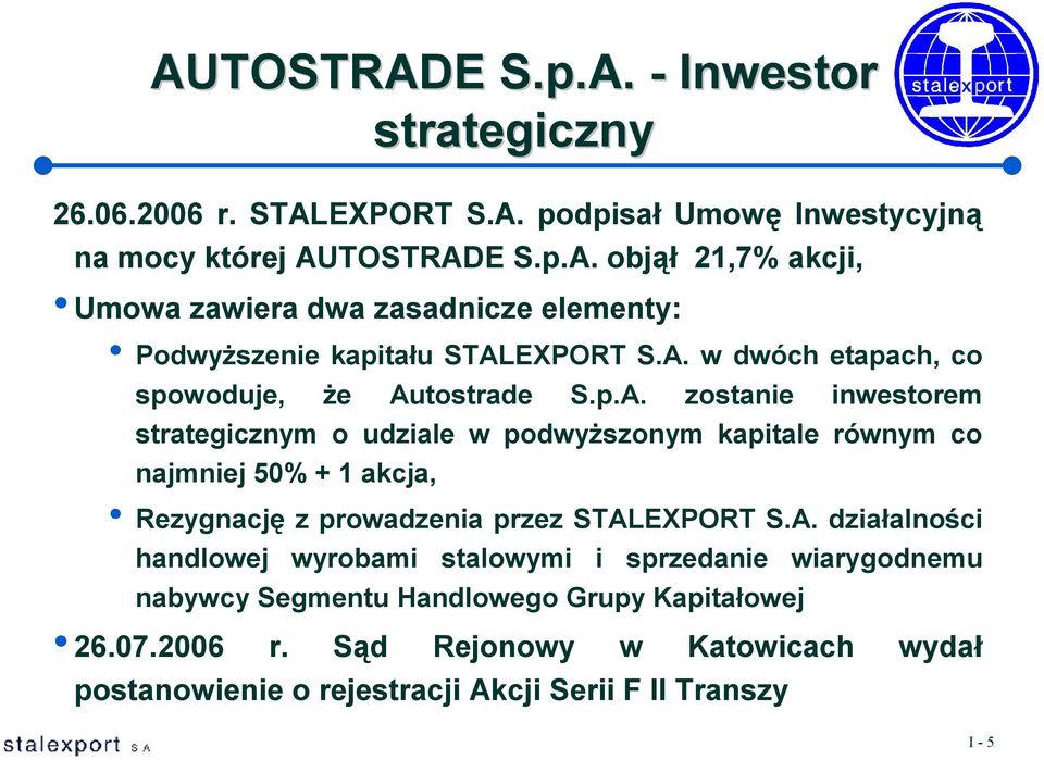 A. działalności handlowej wyrobami stalowymi i sprzedanie wiarygodnemu nabywcy Segmentu Handlowego Grupy Kapitałowej 26.07.2006 r.