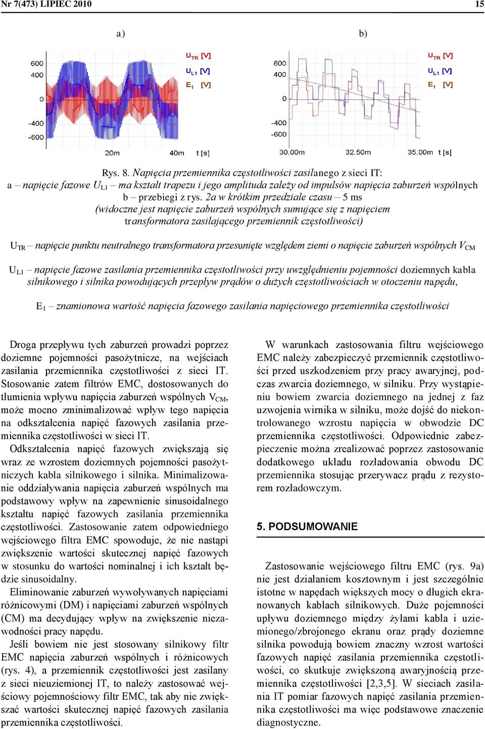 2a w krótkim przedziale czasu 5 ms (widoczne jest napięcie zaburzeń wspólnych sumujące się z napięciem transformatora zasilającego przemiennik częstotliwości) U TR napięcie punktu neutralnego