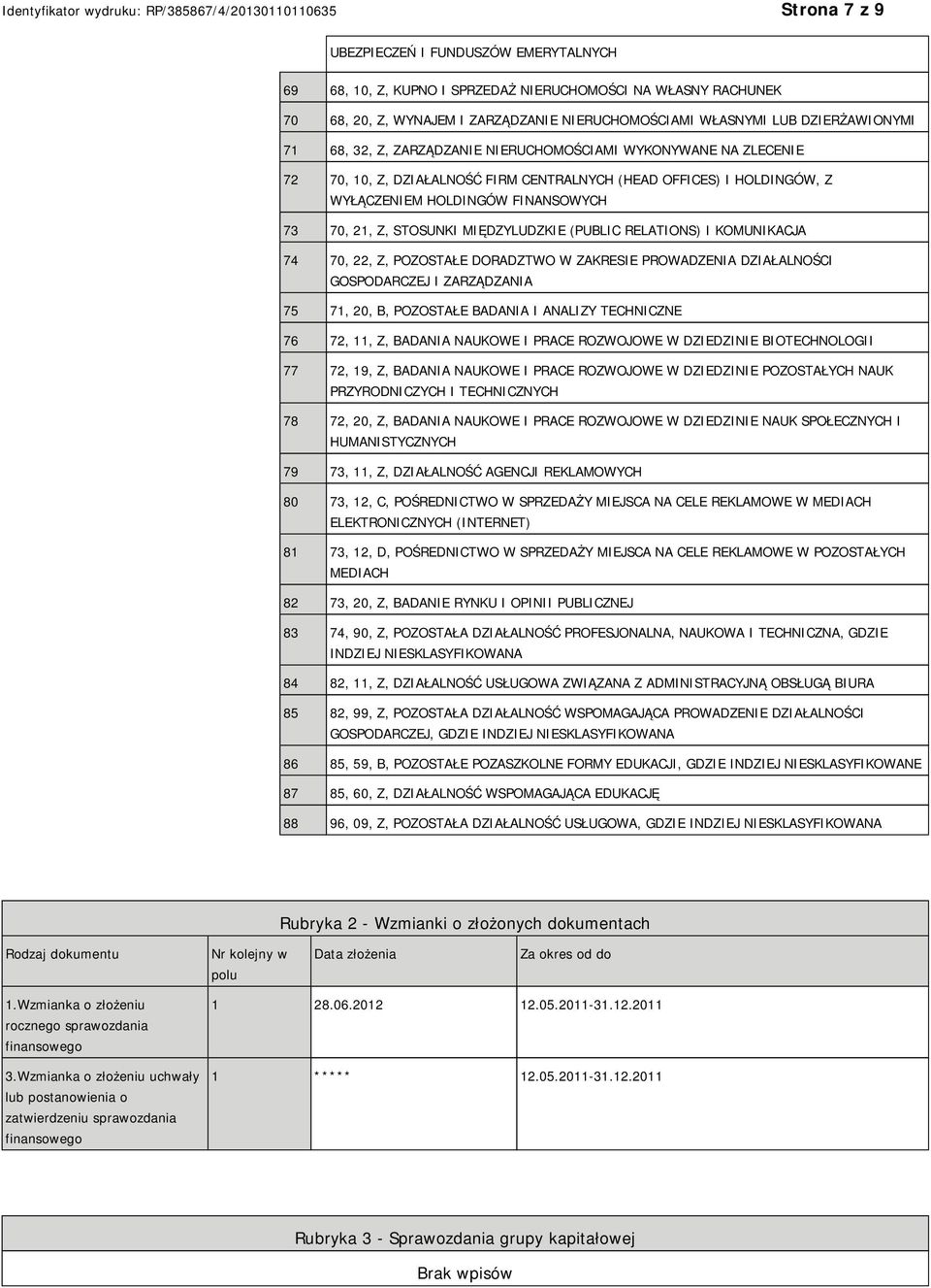 RELATIONS) I KOMUNIKACJA 74 70, 22, Z, POZOSTAŁE DORADZTWO W ZAKRESIE PROWADZENIA DZIAŁALNOŚCI GOSPODARCZEJ I ZARZĄDZANIA 75 71, 20, B, POZOSTAŁE BADANIA I ANALIZY TECHNICZNE 76 72, 11, Z, BADANIA