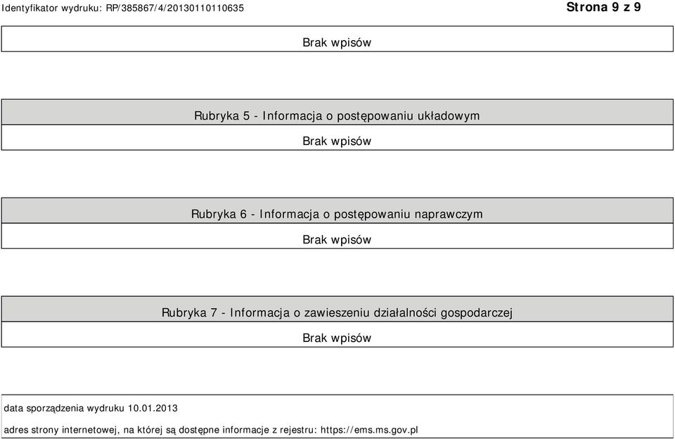 działalności gospodarczej data sporządzenia wydruku 10.01.
