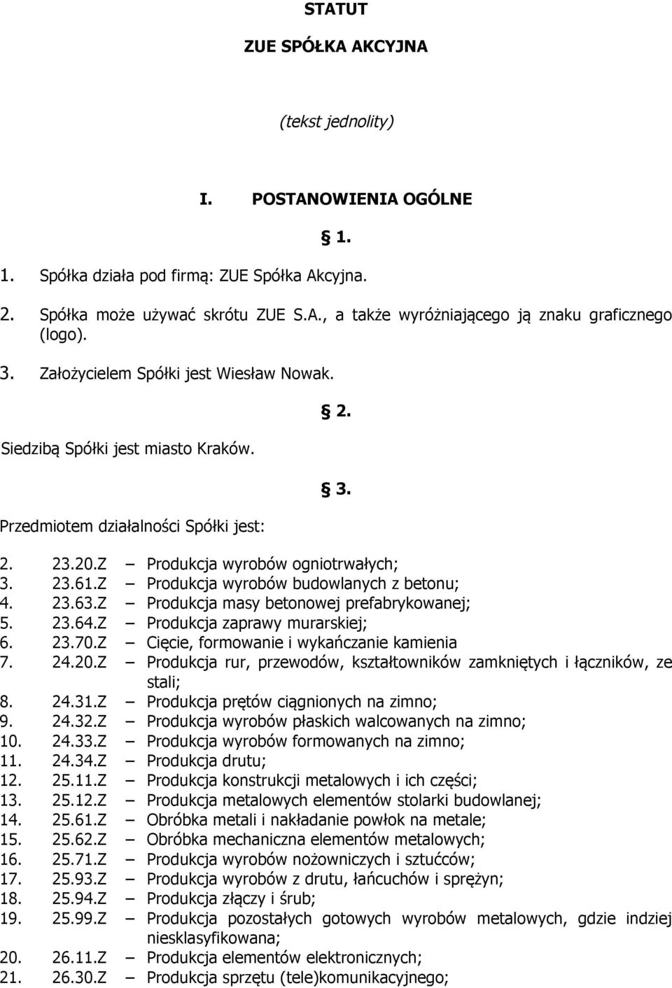 Z Produkcja wyrobów budowlanych z betonu; 4. 23.63.Z Produkcja masy betonowej prefabrykowanej; 5. 23.64.Z Produkcja zaprawy murarskiej; 6. 23.70.Z Cięcie, formowanie i wykańczanie kamienia 7. 24.20.