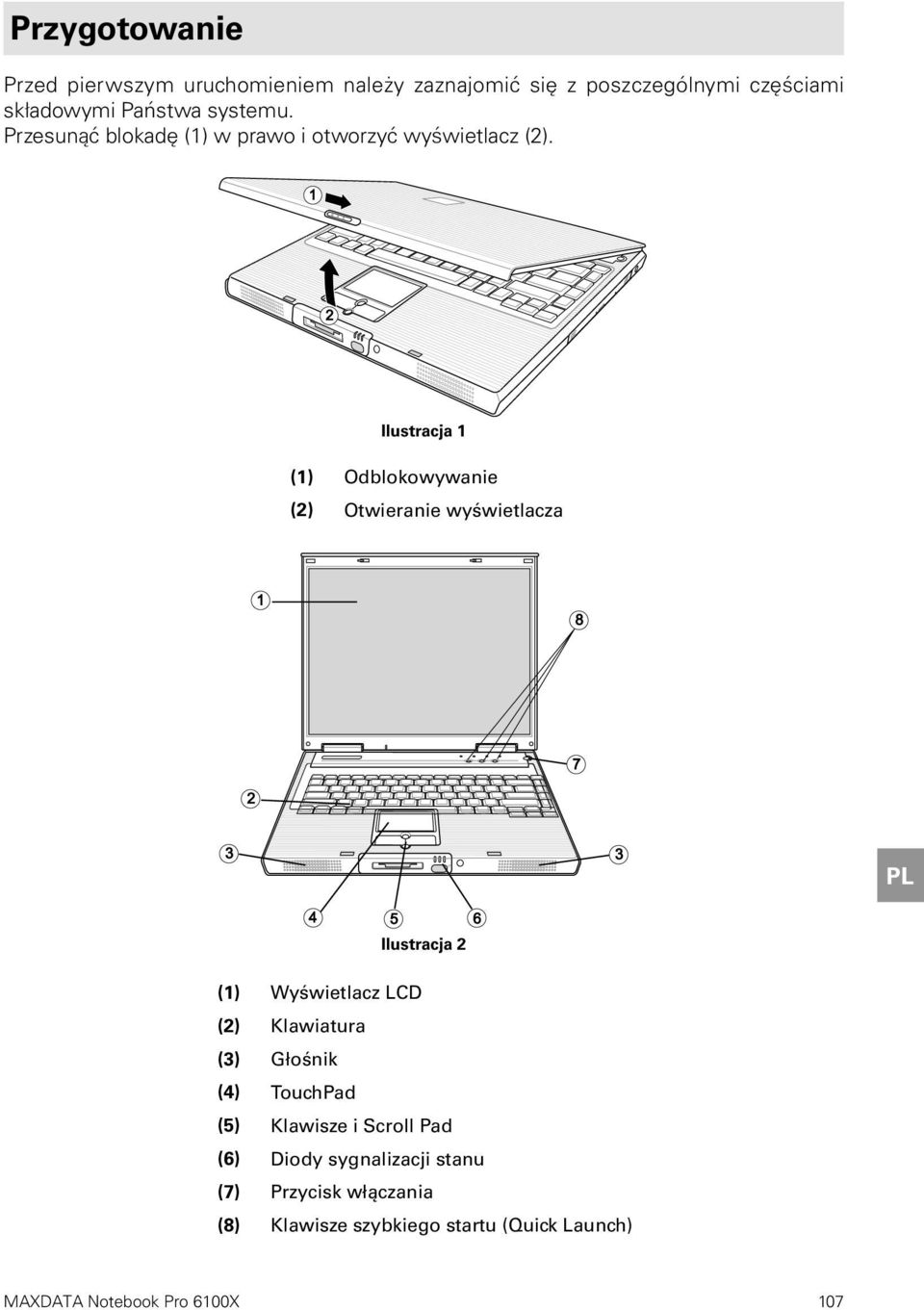 Ilustracja 1 (1) Odblokowywanie (2) Otwieranie wyświetlacza PL Ilustracja 2 (1) Wyświetlacz LCD (2) Klawiatura (3)