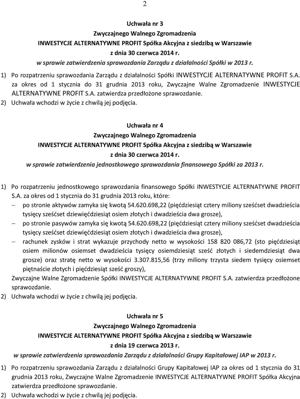 Uchwała nr 4 w sprawie zatwierdzenia jednostkowego sprawozdania finansowego Spółki za 2013 r. 1) Po rozpatrzeniu jednostkowego sprawozdania finansowego Spółki INWESTYCJE AL