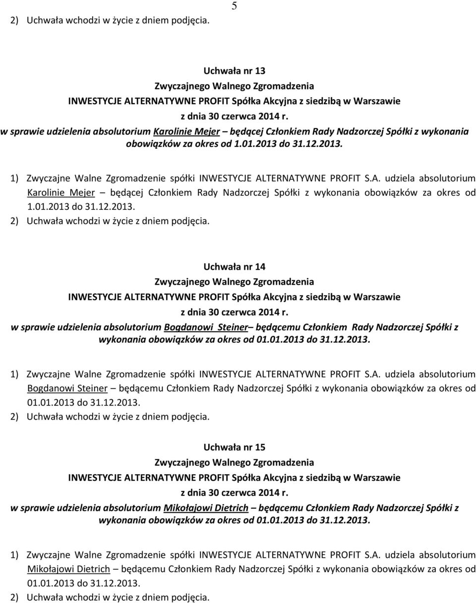 01.2013 do 31.12.2013. Bogdanowi Steiner będącemu Członkiem Rady Nadzorczej Spółki z wykonania obowiązków za okres od 01.01.2013 do 31.12.2013. Uchwała nr 15 w sprawie udzielenia absolutorium Mikołajowi Dietrich będącemu Członkiem Rady Nadzorczej Spółki z wykonania obowiązków za okres od 01.