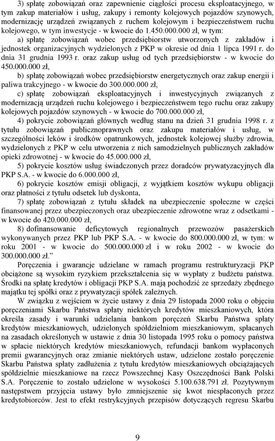 000 zł, w tym: a) spłatę zobowiązań wobec przedsiębiorstw utworzonych z zakładów i jednostek organizacyjnych wydzielonych z PKP w okresie od dnia 1 lipca 1991 r. do dnia 31 grudnia 1993 r.