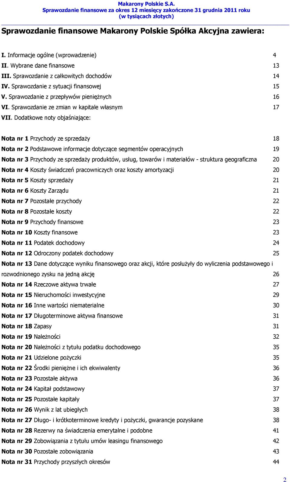 Dodatkowe noty objaśniające: Nota nr 1 Przychody ze sprzedaży 18 Nota nr 2 Podstawowe informacje dotyczące segmentów operacyjnych 19 Nota nr 3 Przychody ze sprzedaży produktów, usług, towarów i