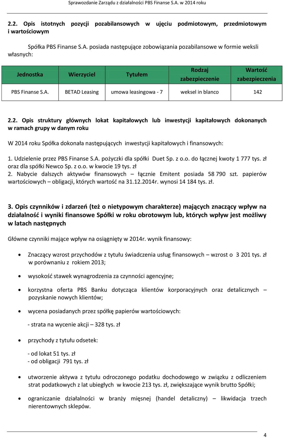 2. Opis istotnych pozycji pozabilansowych w ujęciu podmiotowym, przedmiotowym i wartościowym Spółka posiada następujące zobowiązania pozabilansowe w formie weksli własnych: Jednostka Wierzyciel