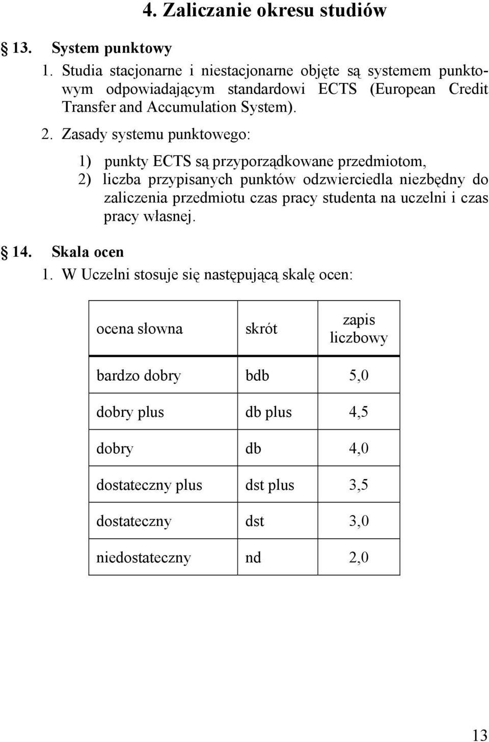 Zasady systemu punktowego: 1) punkty ECTS są przyporządkowane przedmiotom, 2) liczba przypisanych punktów odzwierciedla niezbędny do zaliczenia przedmiotu czas