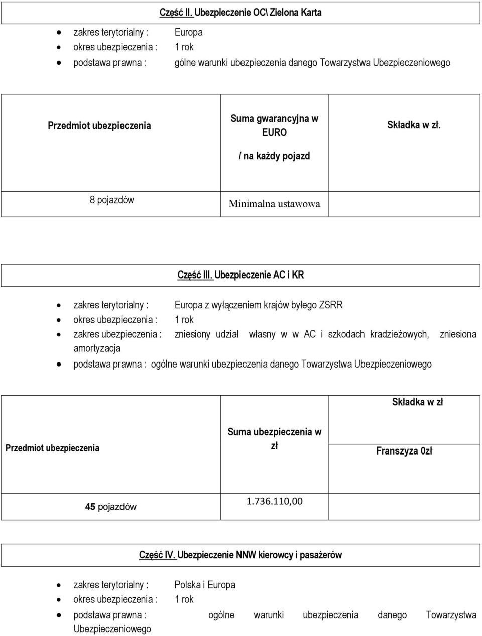 Suma gwarancyjna w EURO / na każdy pojazd Składka w zł. 8 pojazdów Minimalna ustawowa Część III.