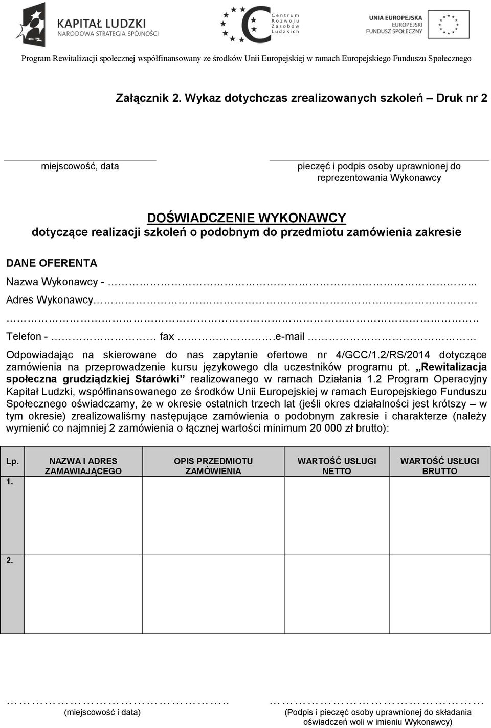 przedmiotu zamówienia zakresie DANE OFERENTA Nazwa Wykonawcy -... Adres Wykonawcy... Telefon - fax.e-mail Odpowiadając na skierowane do nas zapytanie ofertowe nr 4/GCC/1.