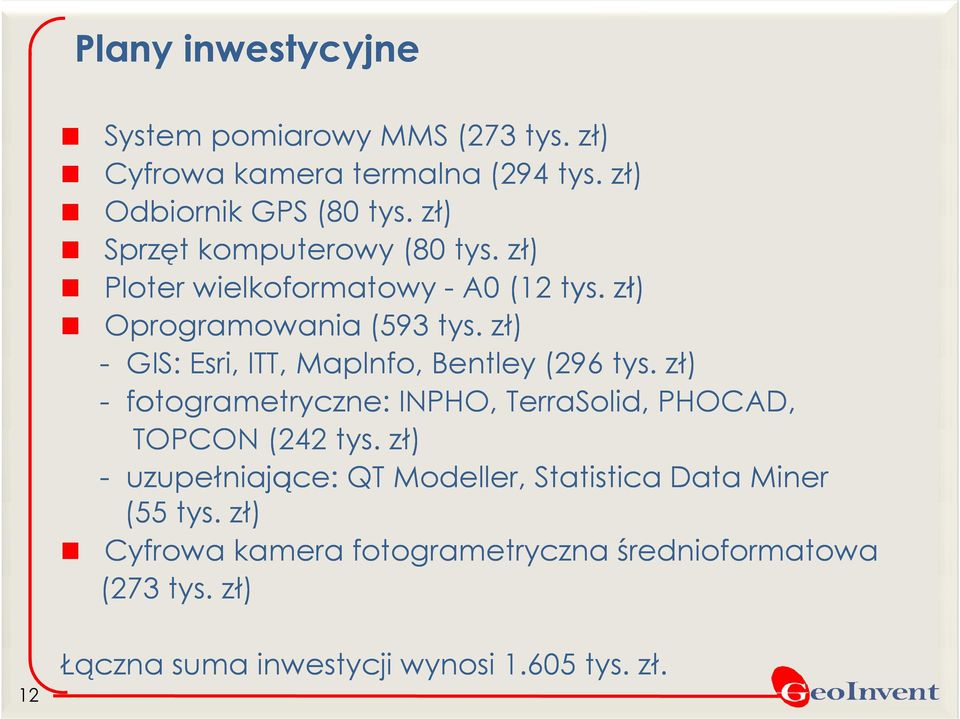 zł) - GIS: Esri, ITT, Maplnfo, Bentley (296 tys. zł) - fotogrametryczne: INPHO, TerraSolid, PHOCAD, TOPCON (242 tys.