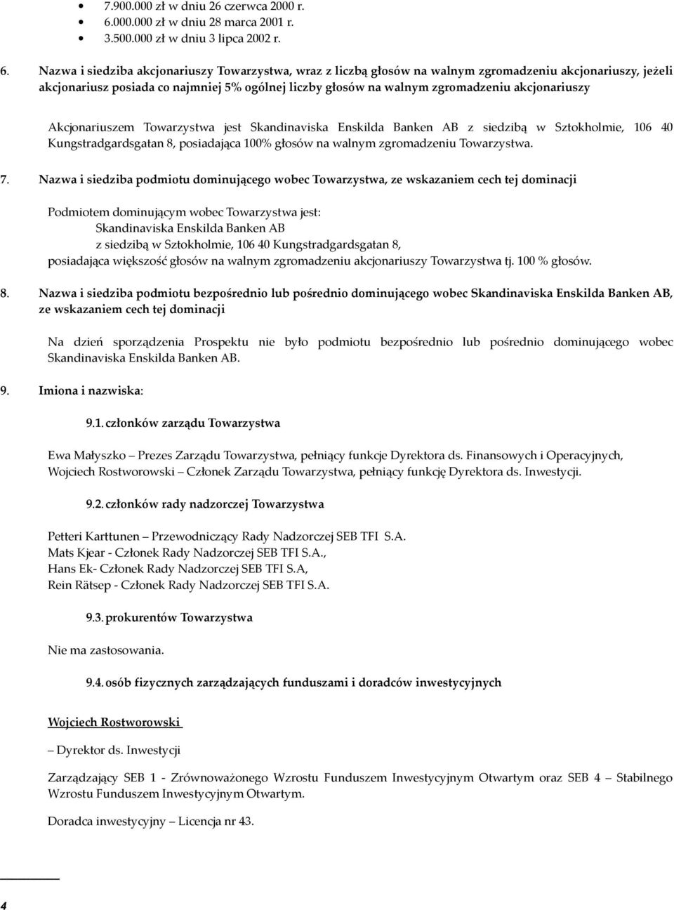 Nazwa i siedziba akcjonariuszy Towarzystwa, wraz z liczbą głosów na walnym zgromadzeniu akcjonariuszy, jeżeli akcjonariusz posiada co najmniej 5% ogólnej liczby głosów na walnym zgromadzeniu