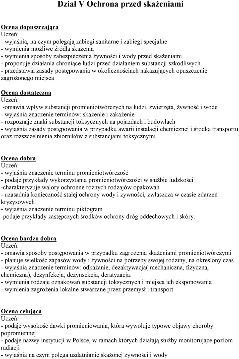 Ocena dostateczna -omawia wpływ substancji promieniotwórczych na ludzi, zwierzęta, żywność i wodę - wyjaśnia znaczenie terminów: skażenie i zakażenie - rozpoznaje znaki substancji toksycznych na