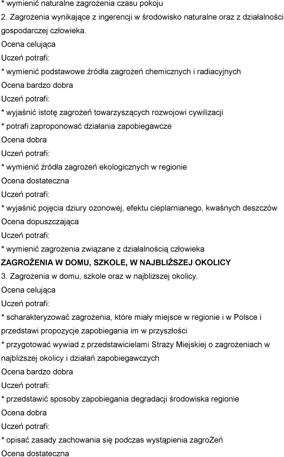 zagrożeń ekologicznych w regionie * wyjaśnić pojęcia dziury ozonowej, efektu cieplarnianego, kwaśnych deszczów * wymienić zagrożenia związane z działalnością człowieka ZAGROŻENIA W DOMU, SZKOLE, W