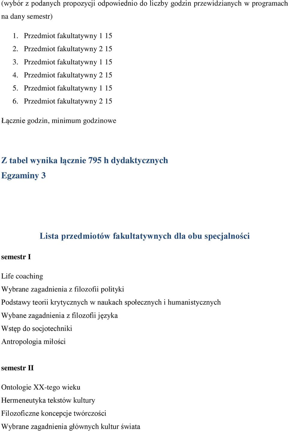 Przedmiot fakultatywny 2 15 Łącznie godzin, minimum godzinowe Z tabel wynika łącznie 795 h dydaktycznych Egzaminy 3 Lista przedmiotów fakultatywnych dla obu specjalności semestr I Life coaching