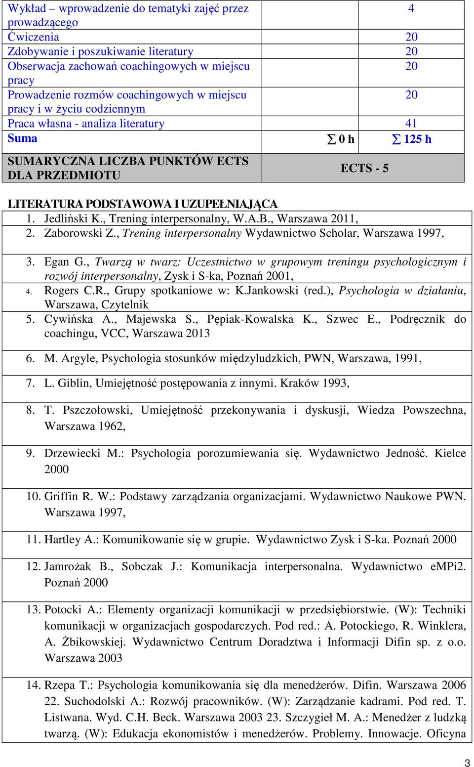 , Trening interpersonalny, W.A.B., Warszawa 20, 2. Zaborowski Z., Trening interpersonalny Wydawnictwo Scholar, Warszawa 997, 3. Egan G.