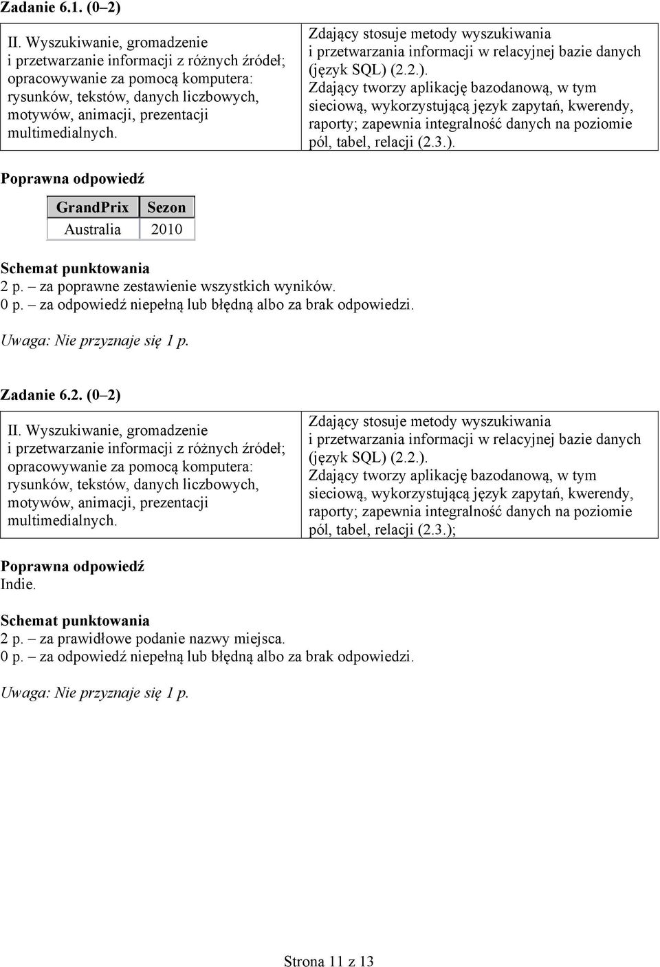 2.). Zdający tworzy aplikację bazodanową, w tym sieciową, wykorzystującą język zapytań, kwerendy, raporty; zapewnia integralność danych na poziomie pól, tabel, relacji (2.3.); Indie. 2 p.